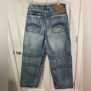 Akademiks Y2K Baggy Hip Hop Moto Jeans Wide Leg 38 40x32 Blue Denim